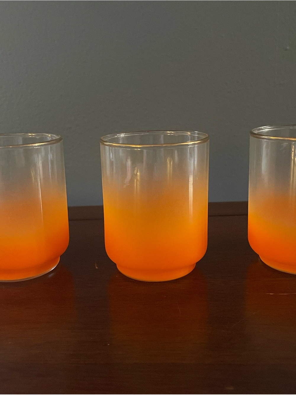 Lot of 3 Orange Blendo Juice Glasses with Gold Trim